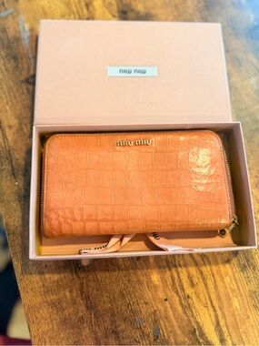 Miu Miu Croc-Embossed Zip-Around Wallet in Peachy Orange with Gold Hardware